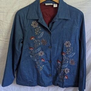 Alfred Dunner Lined Denim Floral Embroidered Jacket Women's 16P Cotton Boho EUC